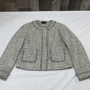 J. Crew Rainbow Tweed Fringe Jacket Blazer Womens 8 Textured Collarless Metallic